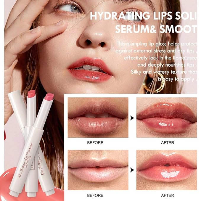 2 Colors Lip Plumper Gloss Moisturizing Lip Tint Stain Hydrating Lips Solid Serum Glossy Plumping Lip Gloss Long Lasting,Waterproof,Non Sticky (Set A)