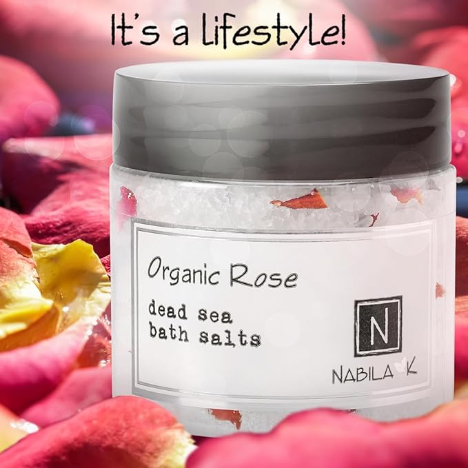 Organic Rose Bath Salts by Nabila K - Dead Sea Salt & Epsom Salt Scrub & Soak - Exfoliates & Hydrates Skin, Botanical Essential Oils - Bubble Bath Accessories for All Skins Types, 2 oz