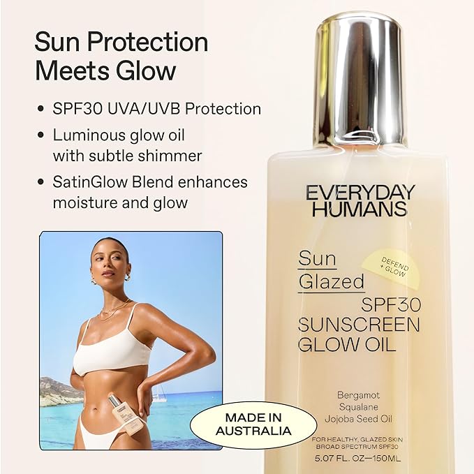 Everyday Humans SPF30 Sheer Body Glow Oil with Gold Mica | Sun Glazed Hydrating UV Protection Vegan Cruelty Free 5.1 Fl Oz | Bergamot, Squalane, Jojoba Seed Oil | UVA/UVB Broad Spectrum Protection