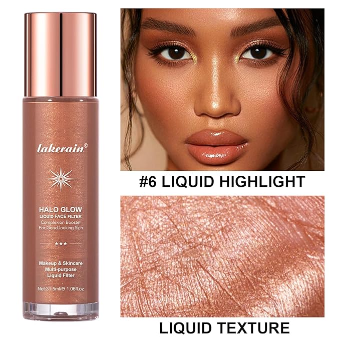 Natural Glow Liquid Filter Makeup, Longwear Face Luminizer, Complexion Booster For Any Part of the Body, Liquid Highlighter with Brush Kit, Infused Hyaluronic Acid, 1.06 fl oz (#06 TAN/DEEP)