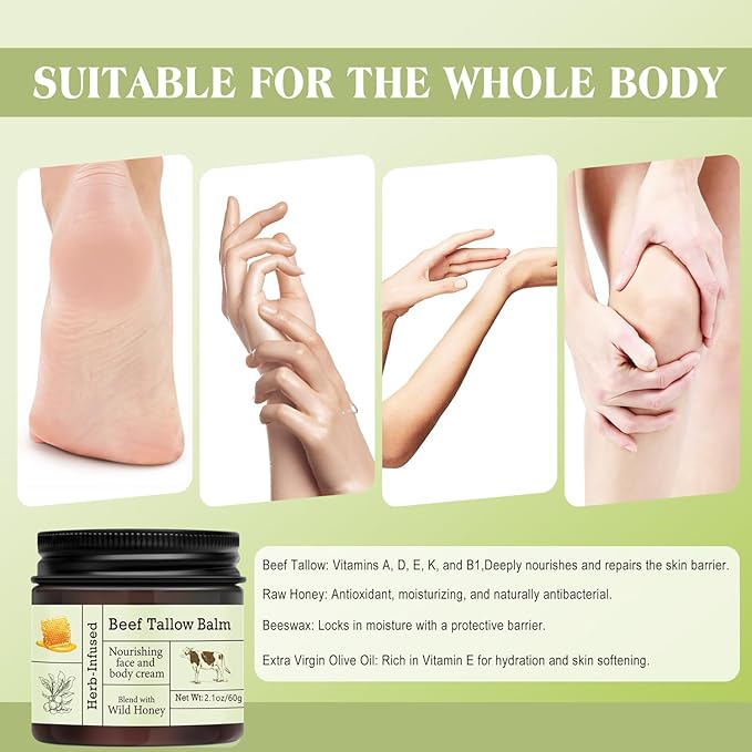 Beef Tallow For Skin – Natural Tallow and Honey Balm Face Moisturizer, Organic Grass-Fed Tallow, Deeply Nourishing Whipped Skin Balm for Face & Body, Moisturizing Cream for Dry Skin