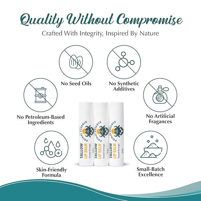 Moisturizing Tallow Lip Balm – Grass-Fed Beef Tallow with Organic Coconut Oil, Beeswax, and Vitamin E – Sweet Orange – Lip Balm Set – Travel Essential – 3-Pack