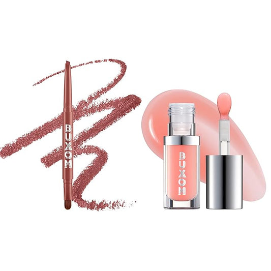 Buxom Full On Glossy Lip Oil in White Russian Power Line Plumping Lip Liner in Hush Hush Henna