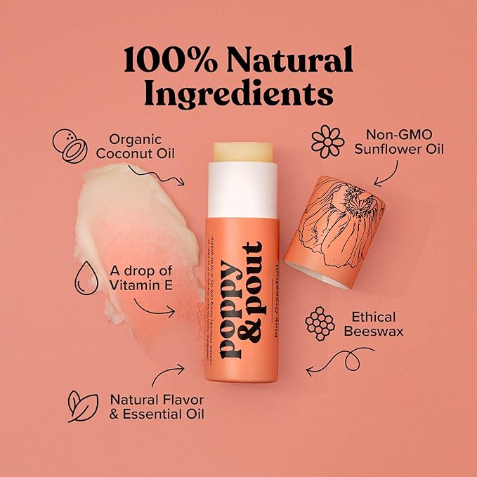Poppy & Pout Pink Grapefruit Jumbo Lip Balm | All Natural Lip Balms & Moisturizers | Hydrates with Beeswax, Vitamin E, Organic Coconut Oil | Cruelty-Free | Lip Balm in Recyclable Cardboard Tube
