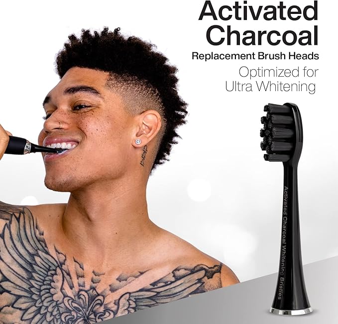 AquaSonic 2-Pack Activated Charcoal Brush Heads - Ultra Whitening Brush Heads - 2X Whitening & Stain Remover - for Black Series, Black Series Pro, Vibe Series, Duo Pro Series (Black)