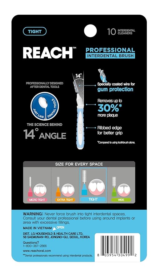 Reach Interdental Brush Tight 1.0mm | Removes up to 30% More Plaque | Special Designed for Gum Protection, PFAS Free | 10 Brushes (Pack of 2)