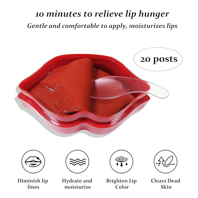 20Pcs Lip Mask, Red Cherry Lip Moisturizing Plumping Masks Overnight, Lip Gel Treatment Lip Masks for Dry Lips Smooth& Plump Chapped Lip Collagen Overnight Lip Care Pads Patches(Red)