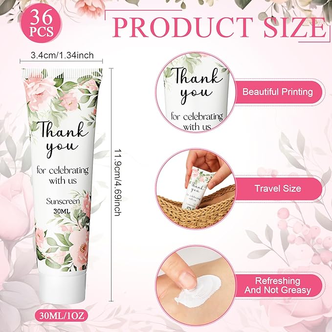36 Pcs Sunscreen for Wedding Favors SPF 30 Wedding Mini Sunscreen Lotion 1 oz Travel Sunscreen Bulk Bridal Shower Favors Gifts for Wedding Guest Gifts Party Supplies (Flower)