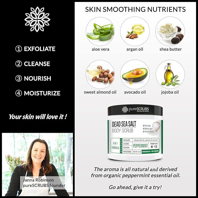 pureSCRUBS Premium Sea Salt Body Scrub Set - Large 16oz Peppermint Scrub With Infused Essential Oils & Nutrients, Includes Wooden Spoon, Loofah & Oatmeal Exfoliating Bar Soap