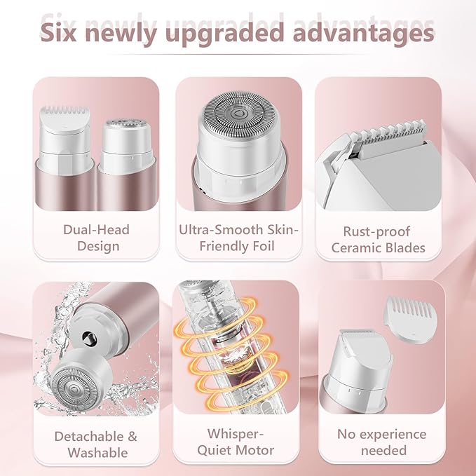 Women's Electric Shaver Waterproof IPX8 Bikini Tnimmer 、Body Hair Remover/Razors for Women Skin Cordless Rechargeable Razor for Legs underarms pubic Hair 、Facial Hair Removal for Women