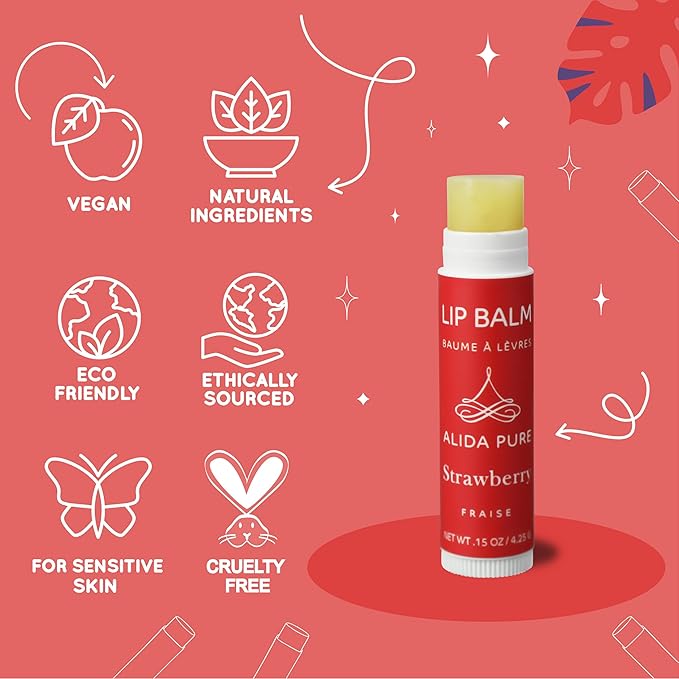 Strawberry Lip Balm Collection, Vegan Lip Balm Set, Beeswax Free, with Avocado Oil, Organic Jojoba Oil, and Vitamin E, Natural Moisturizer for Dry, Chapped Lips, 3 Tube Set