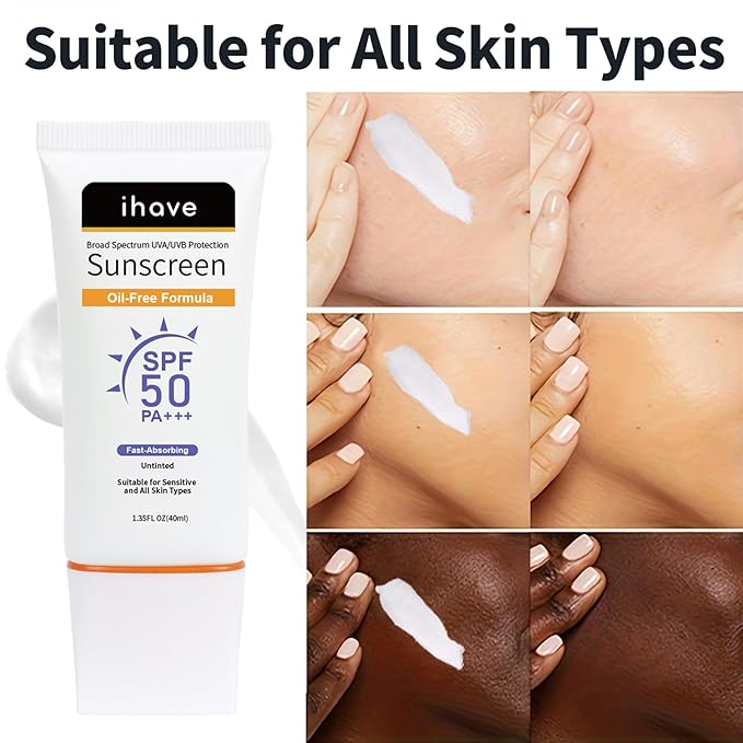 iHave Face Sunscreen, Travel Size SPF 50 Sunscreen with Broad Spectrum UVA UVB Protection, Oil-Free Fast-Absorbing Sunblock for All Skin