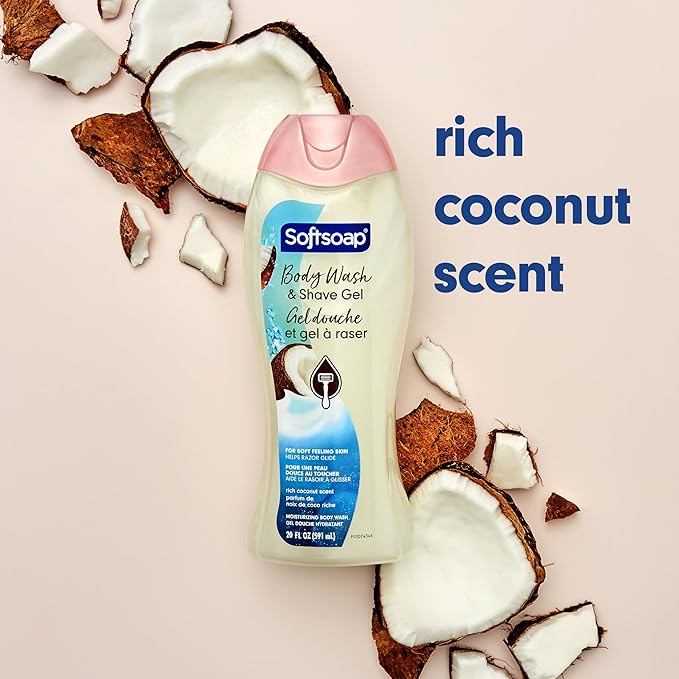 Softsoap Moisturizing Body Wash and Shave Gel, Rich Coconut Scent, 20 fl oz Bottle (Pack of 4)