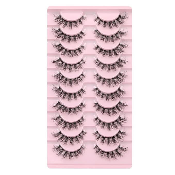 FANXITON Mink Lashes with Clear Band 15 MM 10 Pairs Cat-Eye Lashes Natural Look False Eyelashes Pack Wispy Eyelashes 3D Faux Mink Eyelashes