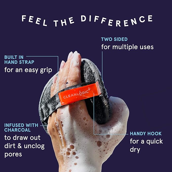 Cleanlogic Detoxify Purifying Charcoal Infused Exfoliating Body Scrubber, Dual-Texture Round Exfoliator Tool for Smooth, Clean Skin, Daily Skincare Routine, 3 Count Value Pack