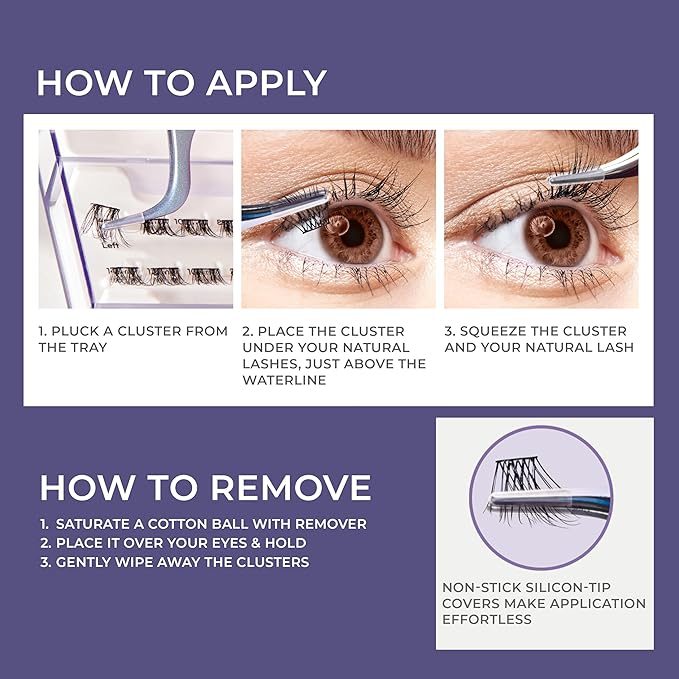 KISS imPRESS Falsies Long Lasting Self Adhesive Eyelashes, ‘Demi Natural’, 5 Day Extended Wear, 24 Natural Volume Lash Clusters (5,6,8,10,12, & 14mm), Precision Non-Stick Applicator