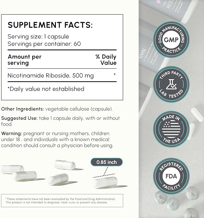 Nicotinamide Riboside (NR) 500mg – NR Supplement for Cellular Health, Anti-Aging, Energy & Metabolism Support – 2-Month Supply (60 Capsules)