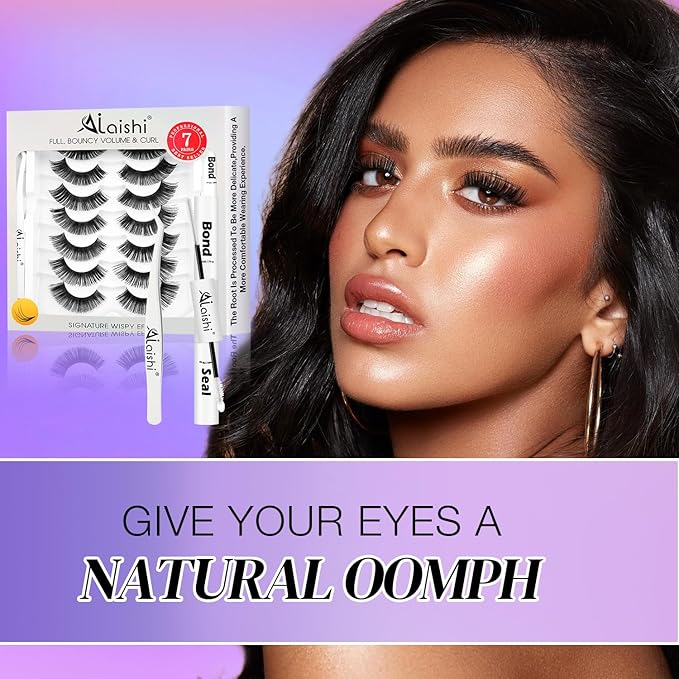 Fluffy False Eyelashes Kit With Bond, Seal and Tweezer, 7 Pairs Natural Look Fake Cat Eye Lashes Strips Thin Band Extensions Waterproof Easy Eyelashes for Beginners DF100