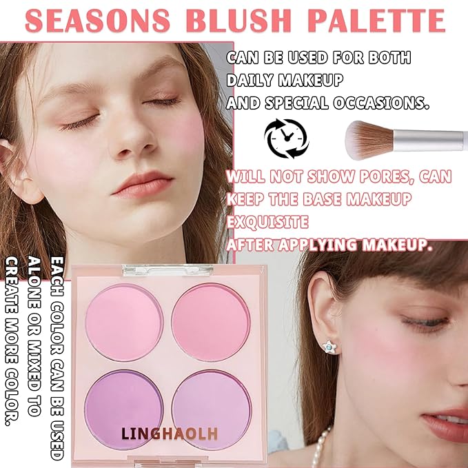 4 Colors Blush Palette for Cheeks,Face Matte Contour Brush 02