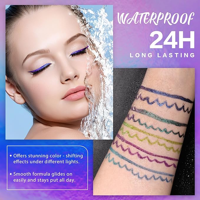Chameleon Multi-Chrome Liquid Eyeliner, Green Blue Purple Color Shifting Shimmery Eye Liner, Waterproof Long Lasting Colored Glitter Eye Makeup Pen Eyeliners,#2 Baroque Emerald
