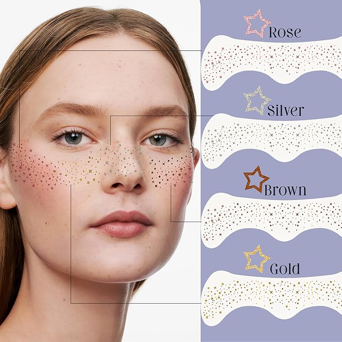 Glitter Freckles Face Tattoo, 10 Pcs Silver Face Glitter Freckles for Women, Festival Outfits for Women Rave Accessories Fake Tattoos, Sparkle Makeup Patches, Waterproof Speckles Patches,Mini Makeup