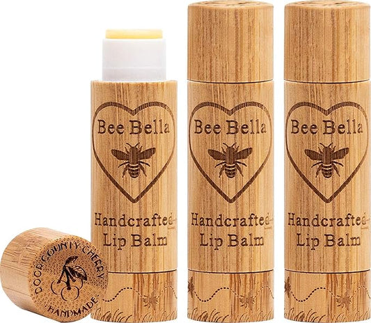 Bee Bella Lip Balm, Cherry, 3 Pack - Hydrating, Moisturizing Lip Care, 100% Natural, Original Organic Beeswax with Vitamin E, Handmade in USA
