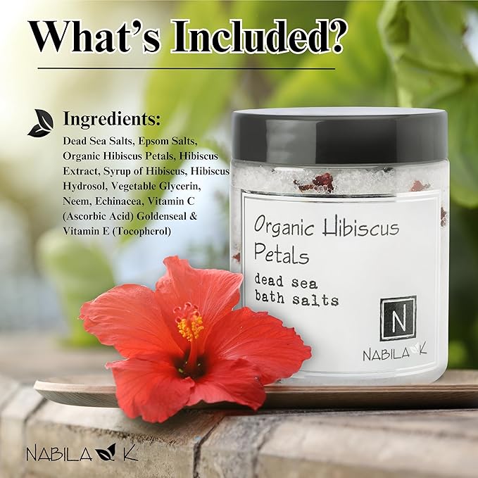 Organic Hibiscus Petals Bath Salts by Nabila K - Dead Sea Salt & Epsom Salt Scrub & Soak - Exfoliates & Hydrates Skin, Botanical Essential Oils - Bubble Bath Accessories for All Skins Types, 2 oz