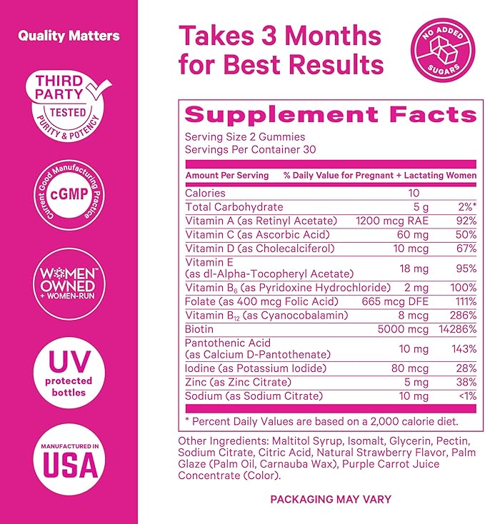 Pink Stork Postpartum Hair Loss Gummies - Biotin with Vitamin E, Pantothenic Acid, B6 & B12 for Beautiful & Strong Hair, Skin, and Nails - Postpartum Essentials for New Moms - 60 Gummy Vitamins