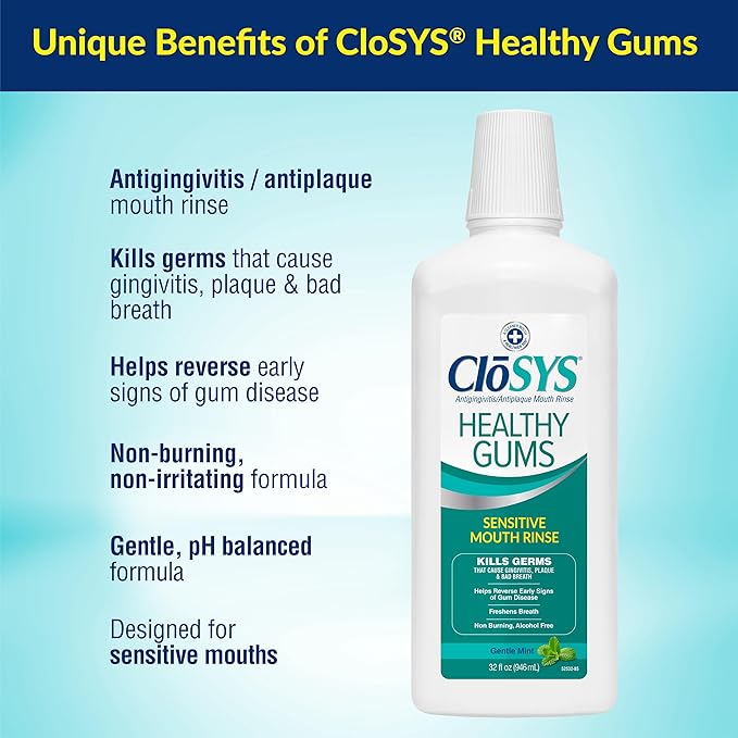 Closys Healthy Gums Mouthwash, Antiplaque and Antigingivitis for Gum Health, Non-Burning, Non-Irritating – 32 Fl Oz (Triple Pack)