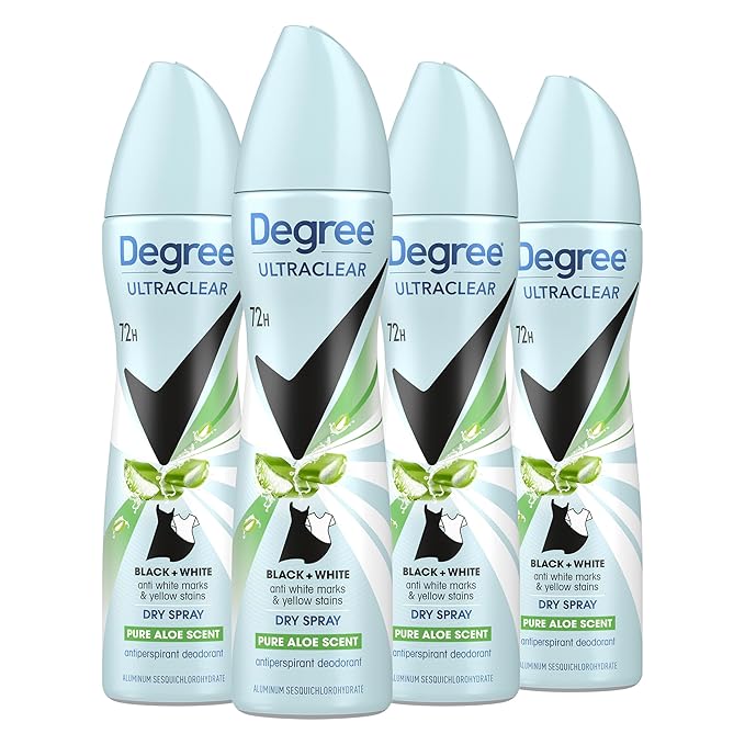 Degree UltraClear Antiperspirant Deodorant Dry Spray 4 pack for 72h Nonstop Sweat Protection For Women Pure Aloe Scent Anti White Marks And Yellow Stains 3.8 Oz