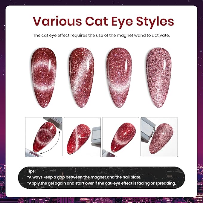 Beetles Cat Eye Gel Nail Polish Set 6 Colors Glitter Red Purple Blue Nail Polish with Magnet Spring Gel Polish Soak Off U V Led Gifts for Women Girls Salon DIY Home