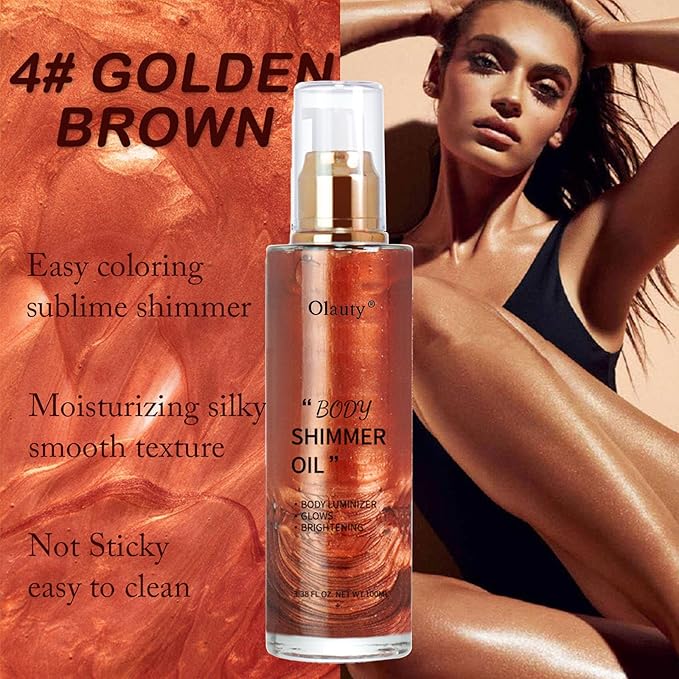 Shimmer Body Oil-Golden Brown Face Brighten Pearl Highlighter Liquid Illuminator Body Glow Oil,4 Color Bronze Makeup Glitter Body Shimmer Oil with Makeup Brush