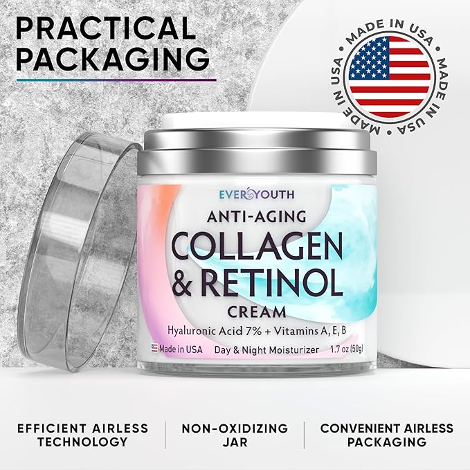 Collagen Cream for Face, Anti Aging Facial Moisturizer for Women with Hyaluronic Acid, Vitamin A, Vitamin E, Made in USA, Anti Wrinkle Face Cream, Neck Creams for Tightening and Firming, 1.7oz