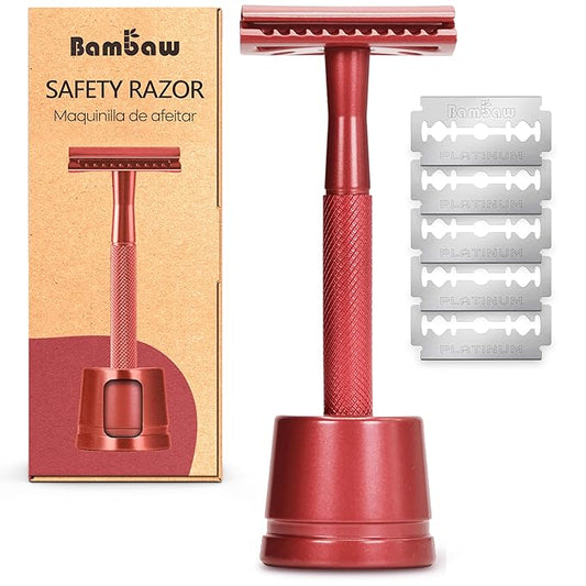 Bambaw Double Edge Safety Razor with Stand, Safety Shaving Razor with 5 Double Edge Safety Razor Blades, Eco-Friendly Razor for Shaving – Red