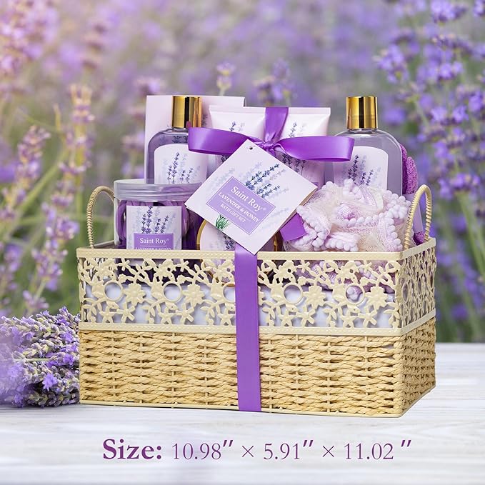 Luxury Bath & Body Set For Women LAVENDER & HONEY Large Spa Basket 13Pcs Luxurious Bath Spa Kit for women, Mother Day Gifts Perfect Spa Kit Bath Gift Set Spa Day Gifts Birthday Gift Baskets for Women