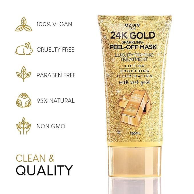 AZURE 24K Gold Firming Peel Off Face Mask - Anti Aging, Lifting, Illuminating & Revitalizing - Removes Blackheads, Dirt & Oil with Hyaluronic Acid & Collagen - Korean Skin Care - 150 mL - Pack of 2