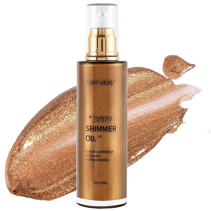 Shimmer Body Oil, Long Lasting Moisturizing Body Glow Glitter for Women Face Luminizer Highlighter Makeup 100ml Shimmer Oil for Glowing Skin Lotion (Dark Brown Gold)