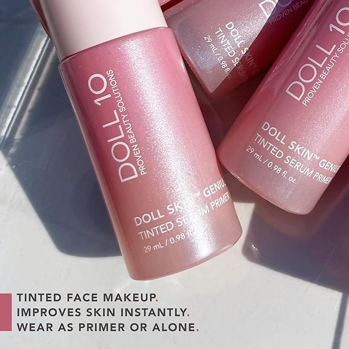 Doll 10 - Doll Skin Tinted Serum Primer - Blurs Color, Texture & Pores - Improves Skin While Wearing - Good for All Skin Types - Oil Free, Vegan, Cruelty Free & No Parabens (Light-Medium, 1 oz)