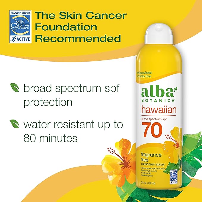 Alba Botanica Sunscreen Spray for Face and Body, Broad Spectrum SPF 70 Sunscreen, Hawaiian Coconut, Water Resistant and Biodegradable, 5 fl. oz. Bottle