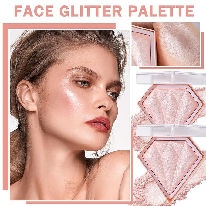 2PCS Fairy Pink Highlighter Makeup Palette Face Powder Highlighters Iluminadores De Maquillaje Shimmer Glitter Diamond Highlighter Blush Powder Makeup Palette