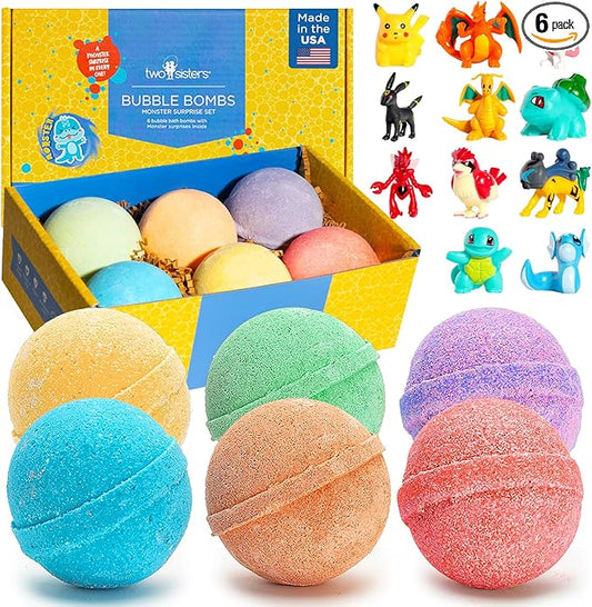Poke Monster Bath Bombs for Kids with Surprise Toys Inside (6 Pack) - Large Bubble Bath Bomb for Boys, Girls, Toddlers - Fruity Scents, Made in USA, Skin-Safe - Birthday Gift by Two Sisters