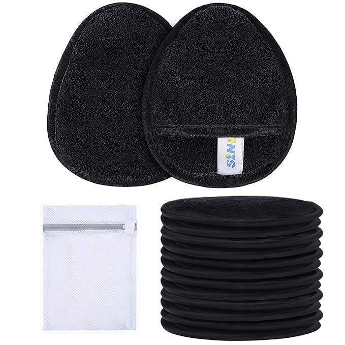 SINLAND Reusable Makeup Remover Pads For Face,Eye,Lips Microfiber Gentle Facial Cleansing Cloths for All Skin Types Friendly for Makeup Remover With Laundry Bag Black Pack of 12
