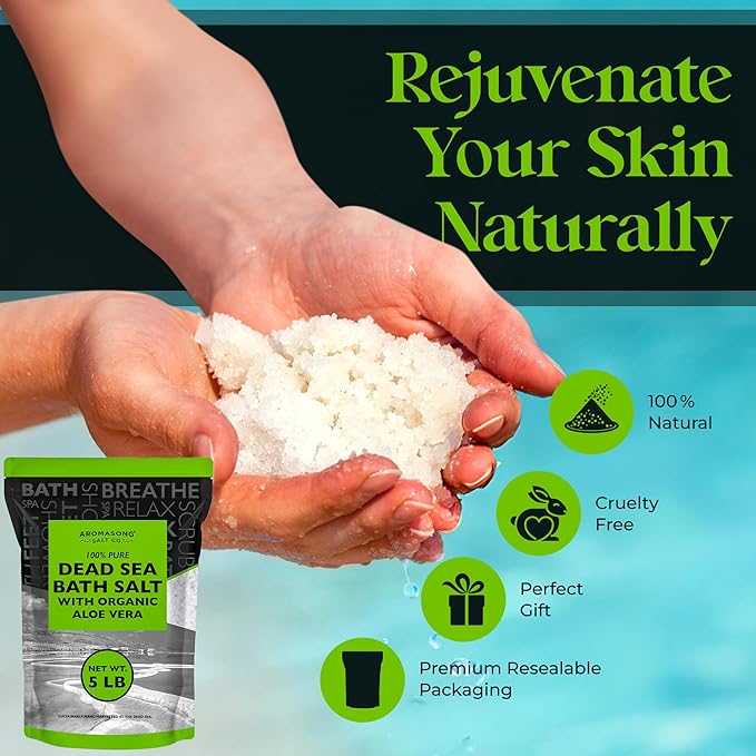 Aromasong Dead Sea Salt with Organic Aloe Vera, Spa Bath Salts, 5 Lbs Fine Bulk resealable Pack, 100% Pure & Natural, Soak for Women & Men for Tired Muscles & Skin Issues (Packaging May Vary)
