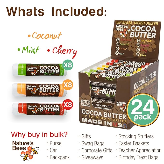 Nature's Bees - Cocoa Butter Lip Balm Moisturizer - Refresh 24 Pack, 3 Flavors - Coconut, Cherry, & Mint - Made w/Coconut Oil, Beeswax, Vitamin E, Aloe, Shea Butter - Made in the USA - 0.15oz (4.2g)