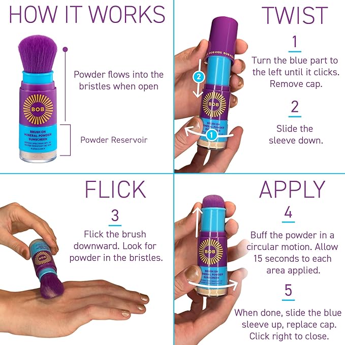 BOB KIDS SPF 30 Brush On Mineral Powder Sunscreen, Broad Spectrum, Water Resistant 80 Mins, Easy to Apply for Kids and Babies, Mfg in USA