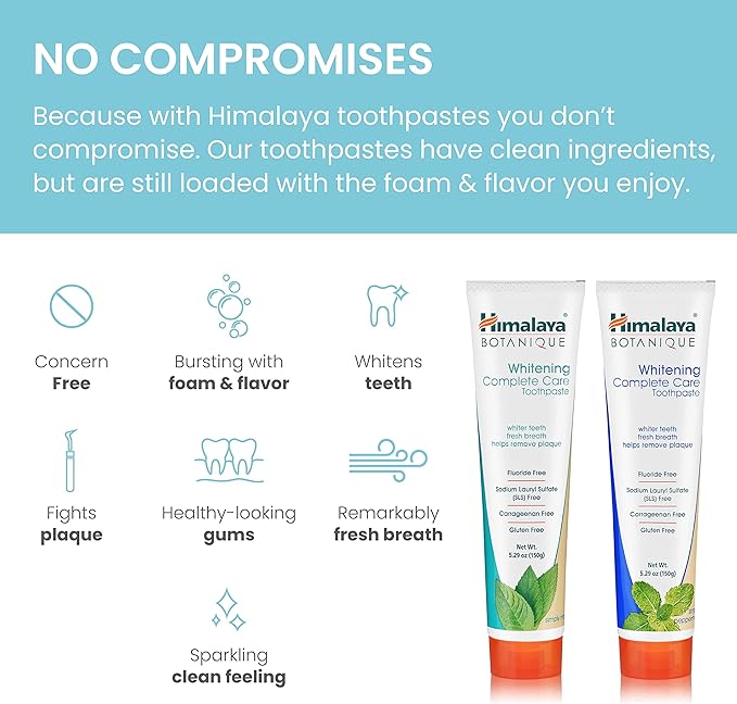 Himalaya Botanique Complete Care Whitening Toothpaste Variety Pack, Simply Mint and Simply Peppermint Flavors, Fluoride Free, for a Clean Mouth, Whiter Teeth and Fresh Breath, 5.29 oz, 2 Pack