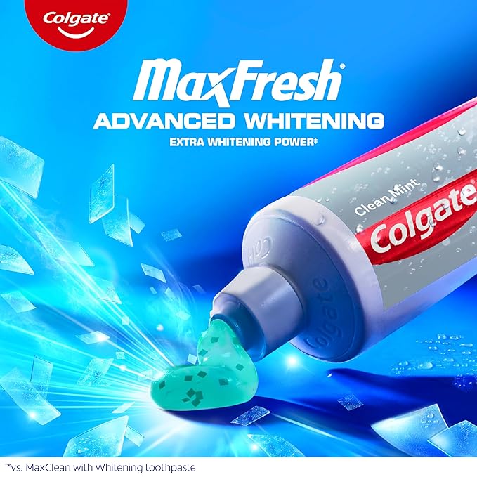 Colgate MaxFresh Advanced Whitening Toothpaste for Bad Breath, Fluoride Formulated, Helps Whiten Teeth and Leaves Breath Feeling Fresh for Hours, Fights Cavities, Clean Mint, 6.3 oz
