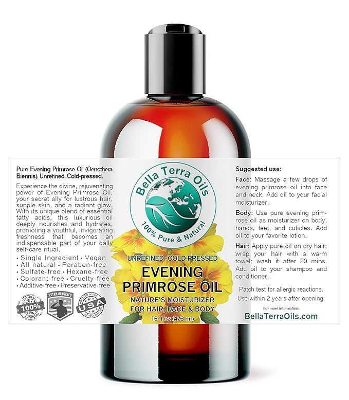 Bella Terra Oils - Organic Evening Primrose Oil 16 oz - Embrace the Enchanting Primrose Nutritional Profile, High in GLA & Fatty Acids, Elevate Your Beauty Routine