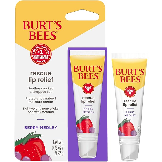 Burt's Bees Rescue Lip Relief, Berry Medley, Hydrating Lip Balm for Dry Cracked Lips, with Responsbily Sourced Beeswax and Shea Butter, 100% Natural Origin, 1 Squeezy Tube, 0.35oz