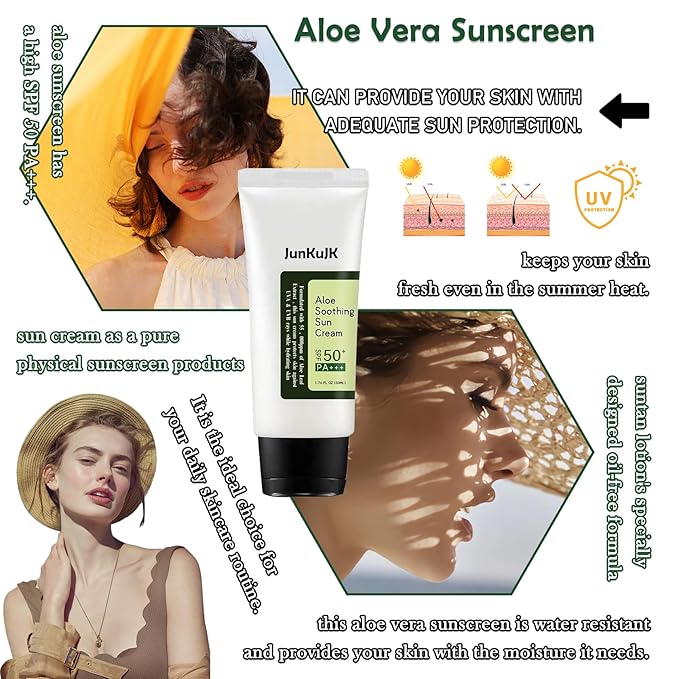 2PCS Aloe Vera Sunscreen SPF 50 PA+++,Moisturizing Long Lasting Non-Greasy Aloe Vera Sun Cream for Face & Body